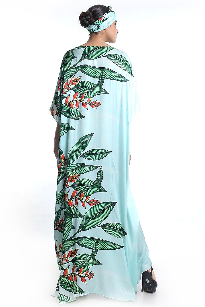 Sky Blue Printed Kaftan With Belt by Rimi Nayak at Pernia's Pop Up Shop
