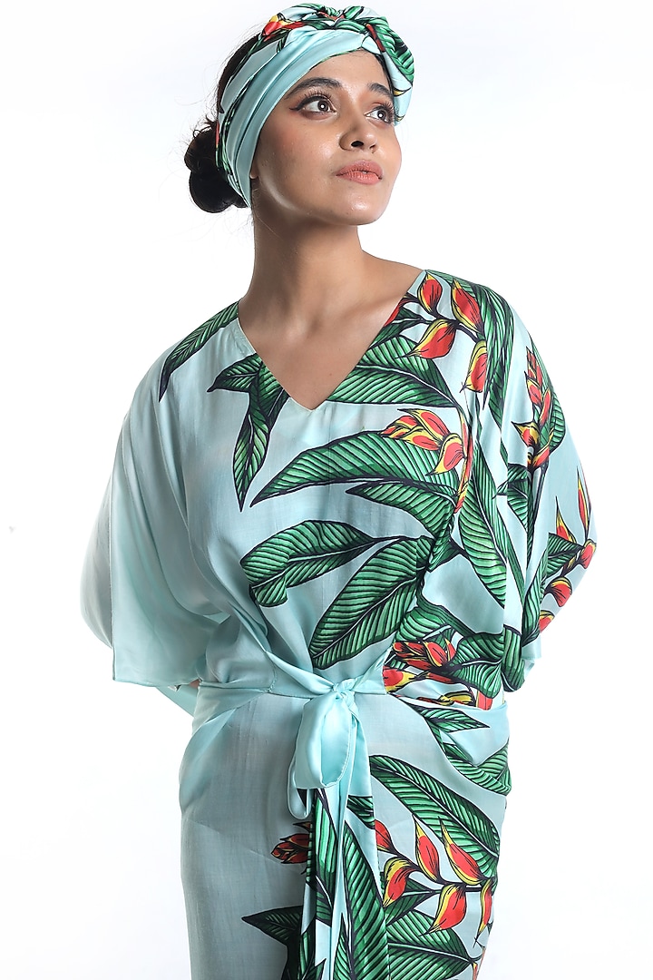 Sky Blue Printed Kaftan With Belt by Rimi Nayak at Pernia's Pop Up Shop