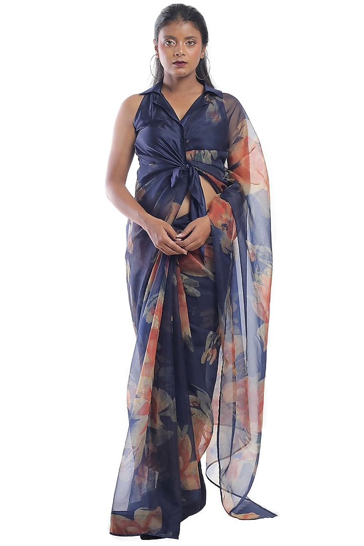 Medieval Blue Printed Saree Set by Rimi Nayak