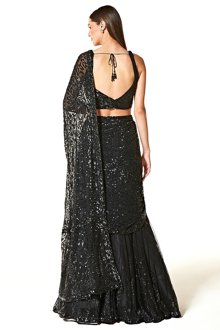 Black Georgette Sequins Hand Embroidered Bridal Lehenga Saree Set by Rabani & Rakha at Pernia's Pop Up Shop
