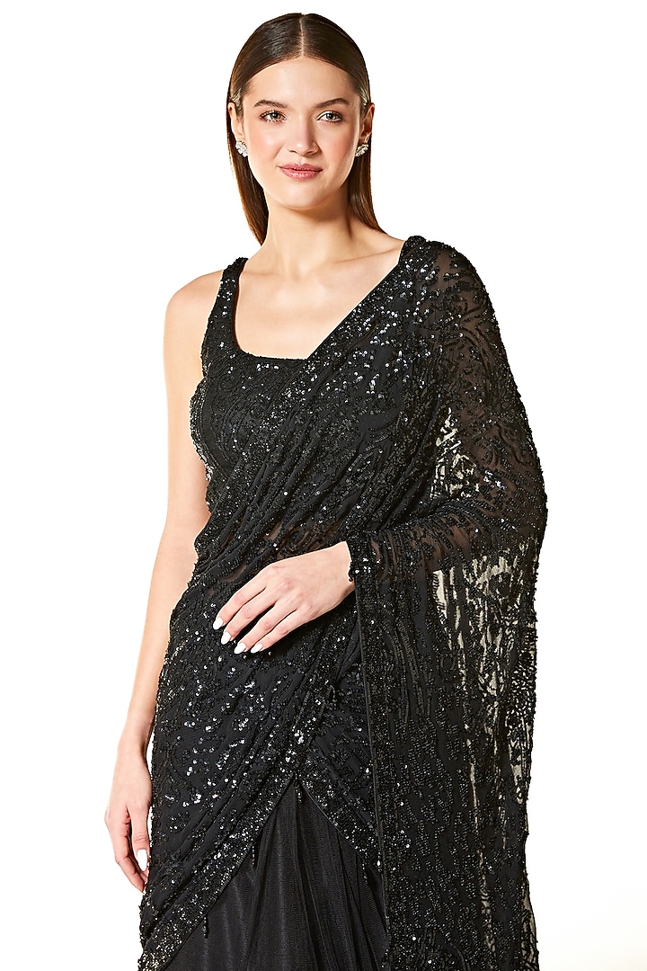 Black Georgette Sequins Hand Embroidered Bridal Lehenga Saree Set by Rabani & Rakha at Pernia's Pop Up Shop