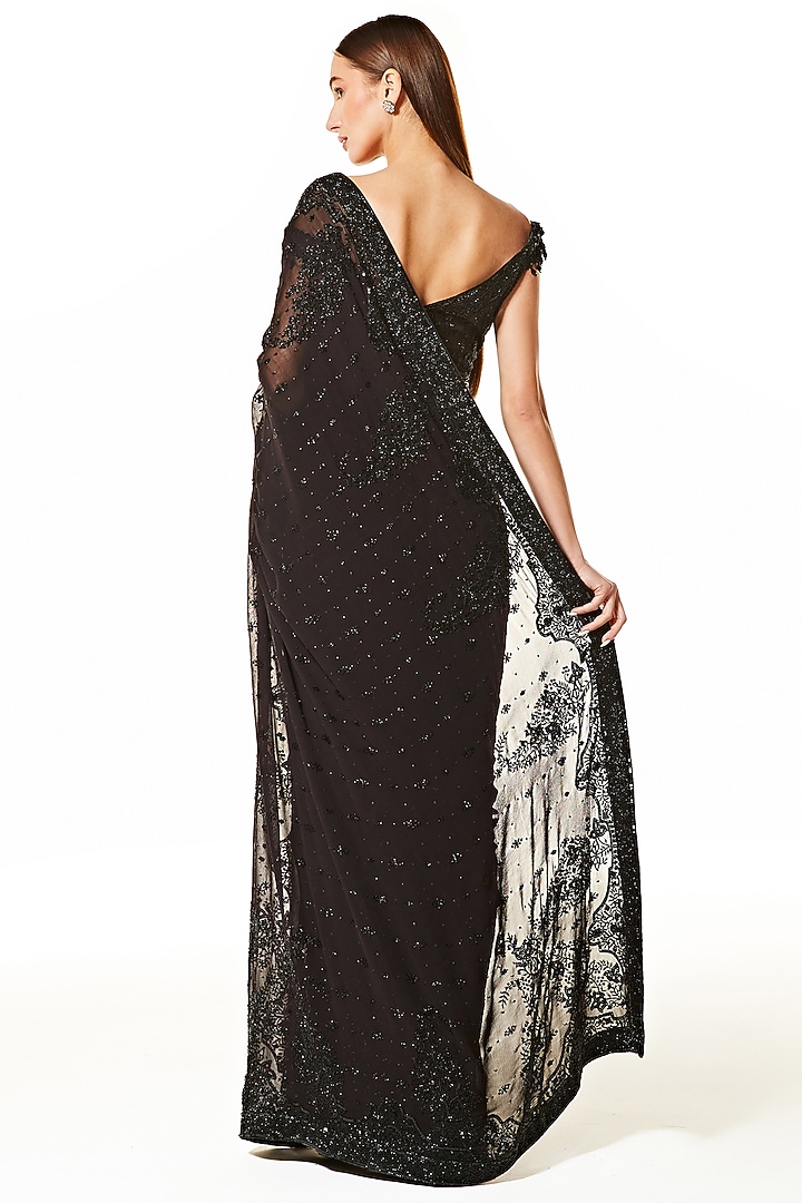 Black Georgette Hand Embroidered Reception Saree Set by Rabani & Rakha at Pernia's Pop Up Shop