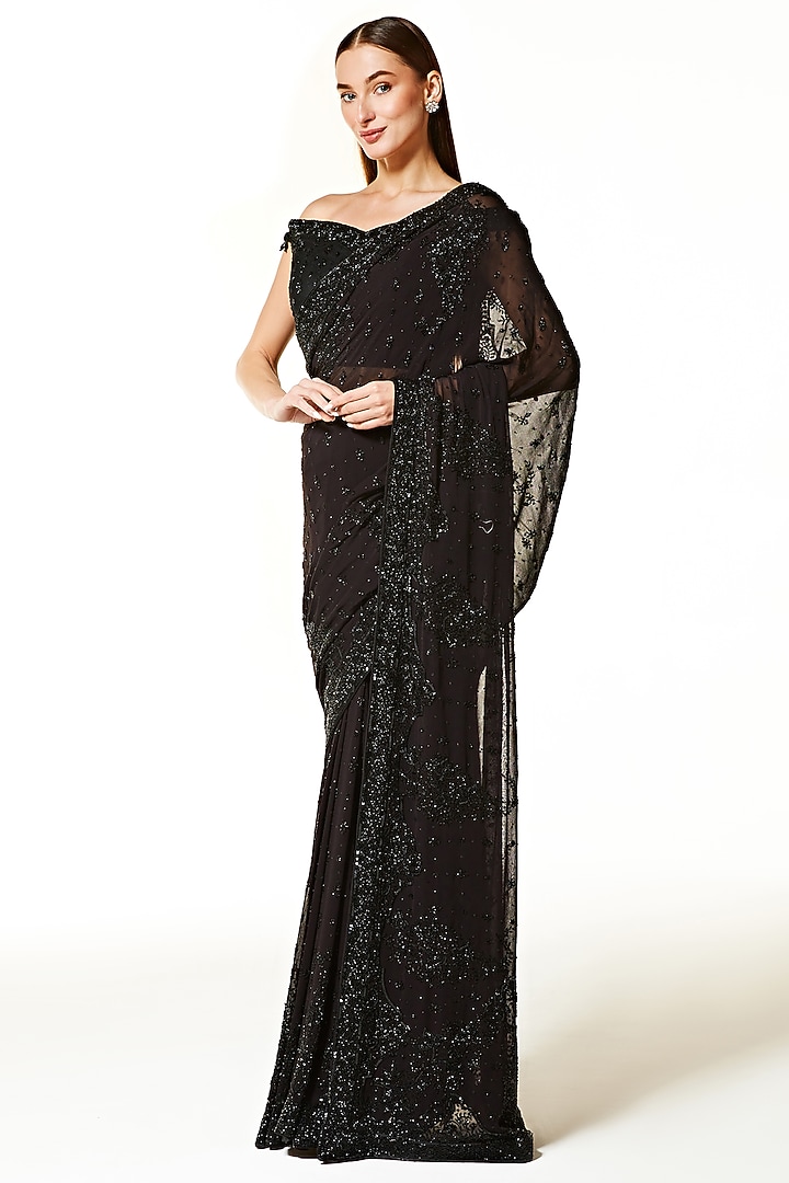 Black Georgette Hand Embroidered Reception Saree Set by Rabani & Rakha at Pernia's Pop Up Shop