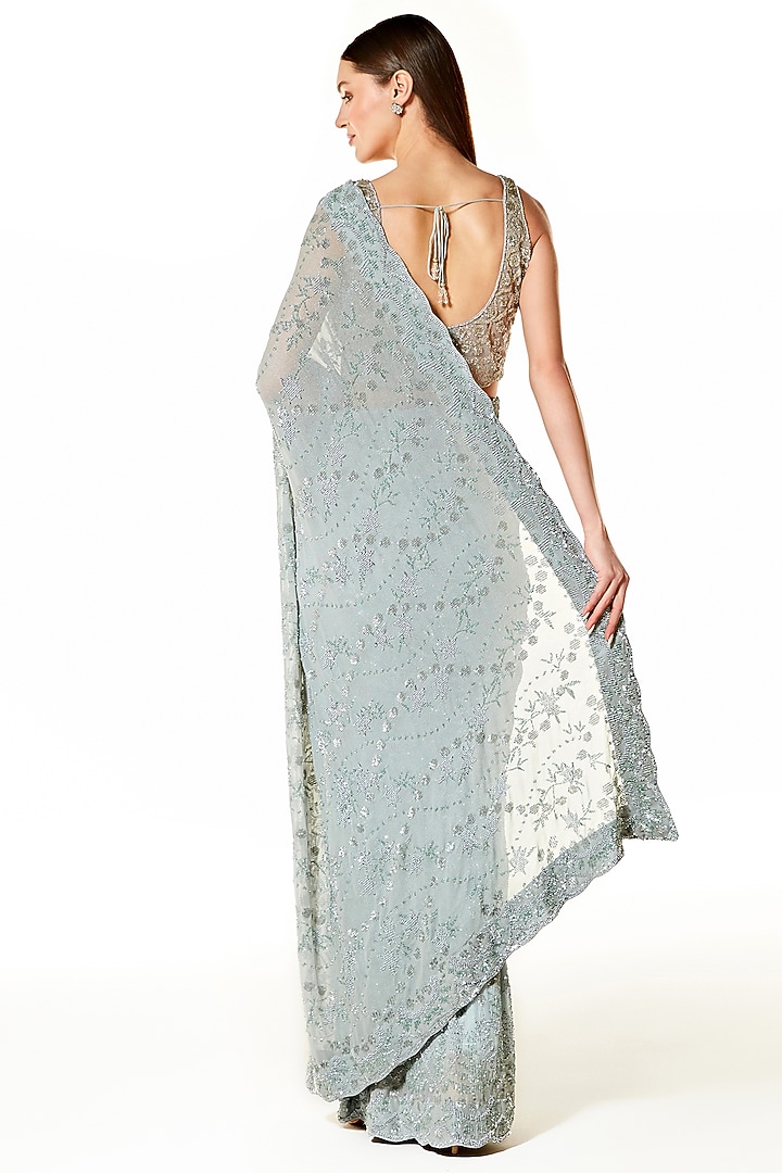 Silver Grey Georgette Sequins & Cutdana Hand Embroidered Reception Saree Set by Rabani & Rakha at Pernia's Pop Up Shop