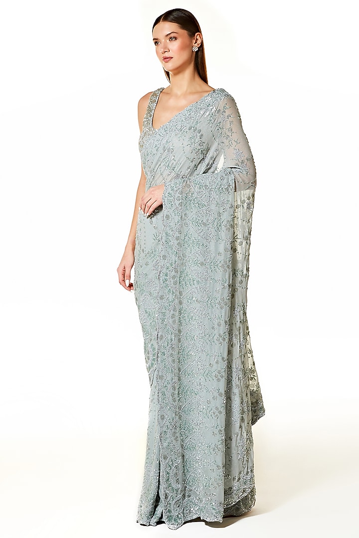 Silver Grey Georgette Sequins & Cutdana Hand Embroidered Reception Saree Set by Rabani & Rakha at Pernia's Pop Up Shop