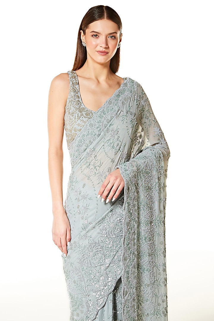 Silver Grey Georgette Sequins & Cutdana Hand Embroidered Reception Saree Set by Rabani & Rakha at Pernia's Pop Up Shop