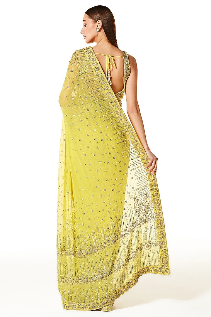 Lime Georgette Sequins Hand Embroidered Reception Saree Set by Rabani & Rakha at Pernia's Pop Up Shop