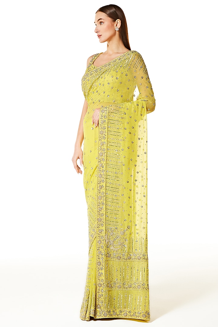 Lime Georgette Sequins Hand Embroidered Reception Saree Set by Rabani & Rakha at Pernia's Pop Up Shop