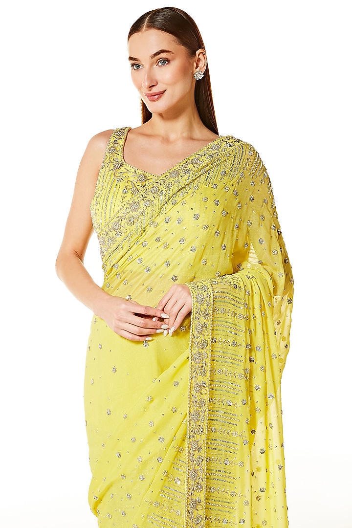 Lime Georgette Sequins Hand Embroidered Reception Saree Set by Rabani & Rakha at Pernia's Pop Up Shop