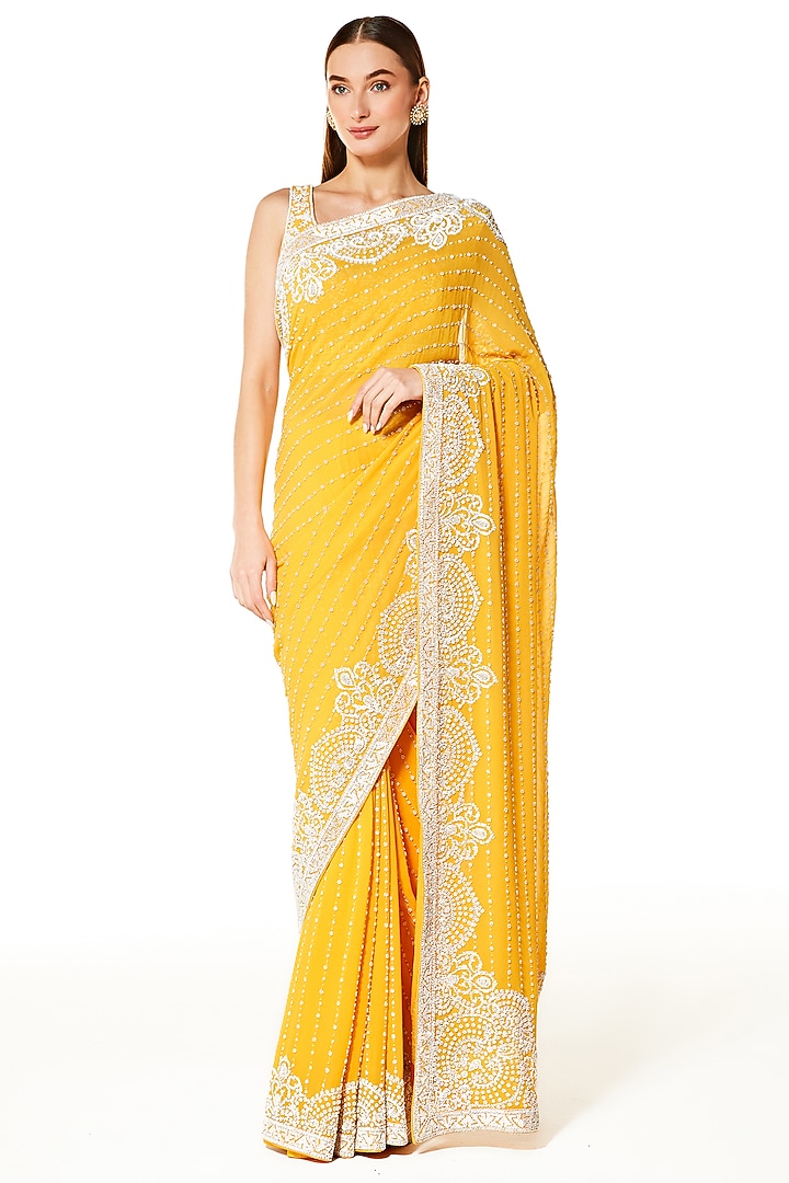 Yellow Georgette Bead Hand Embroidered Reception Saree Set by Rabani & Rakha at Pernia's Pop Up Shop