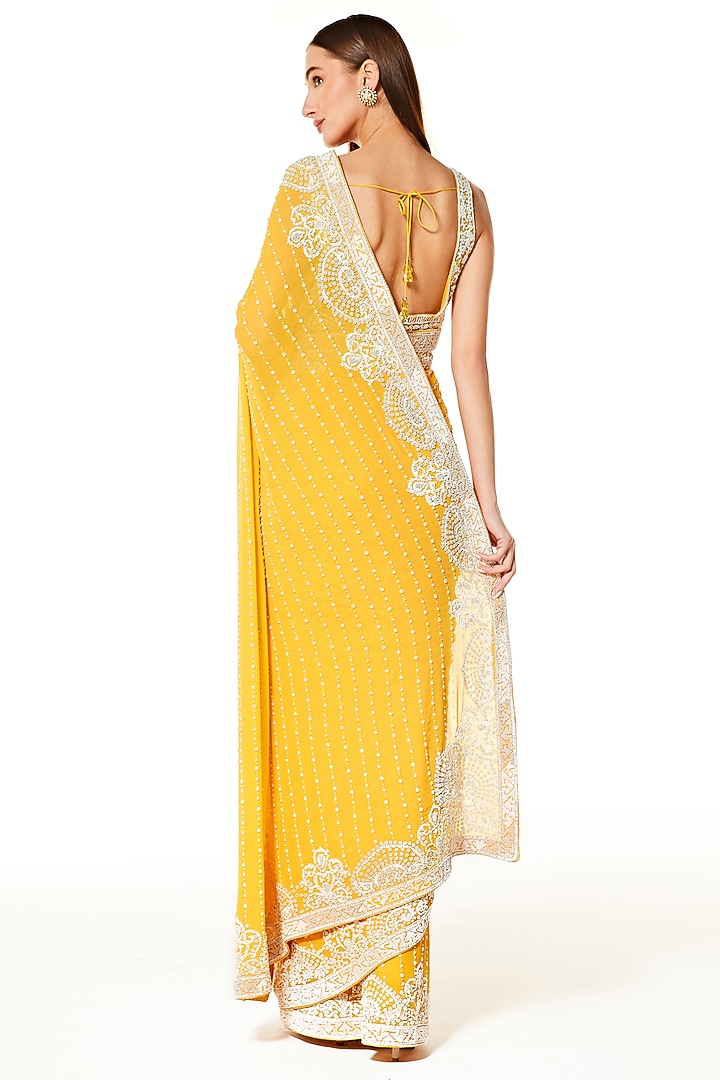 Yellow Georgette Bead Hand Embroidered Reception Saree Set by Rabani & Rakha at Pernia's Pop Up Shop
