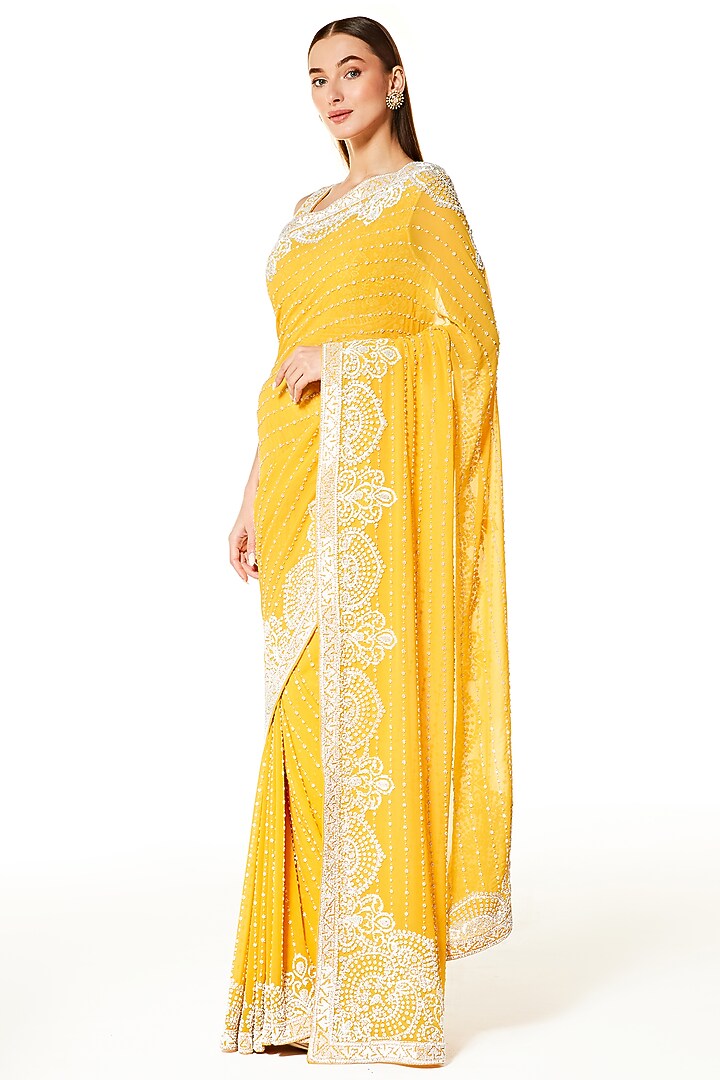 Yellow Georgette Bead Hand Embroidered Reception Saree Set by Rabani & Rakha at Pernia's Pop Up Shop