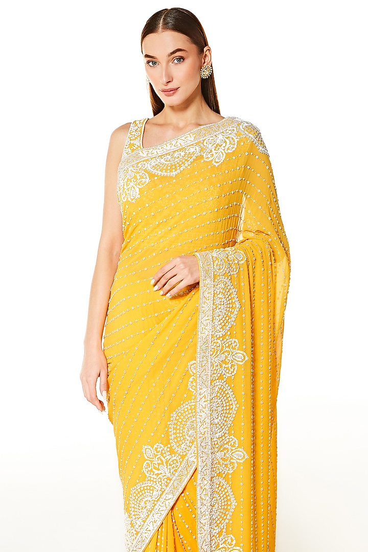 Yellow Georgette Bead Hand Embroidered Reception Saree Set by Rabani & Rakha at Pernia's Pop Up Shop