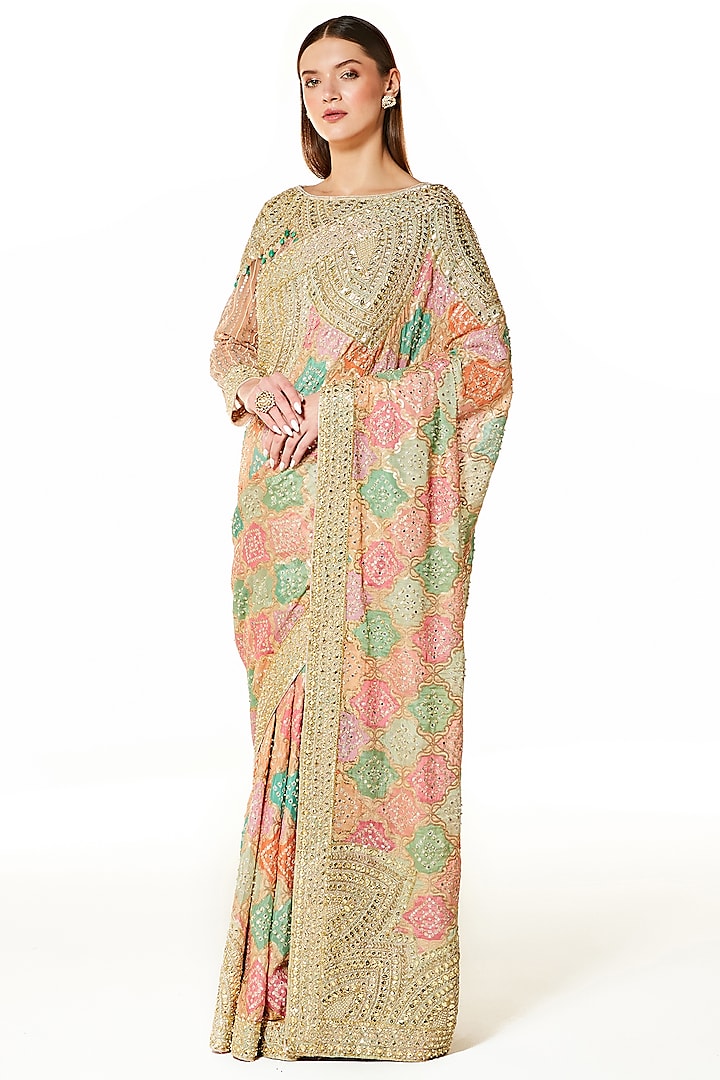 Multi-Colored Georgette Sequins Embroidered Bandhani Saree Set by Rabani & Rakha
