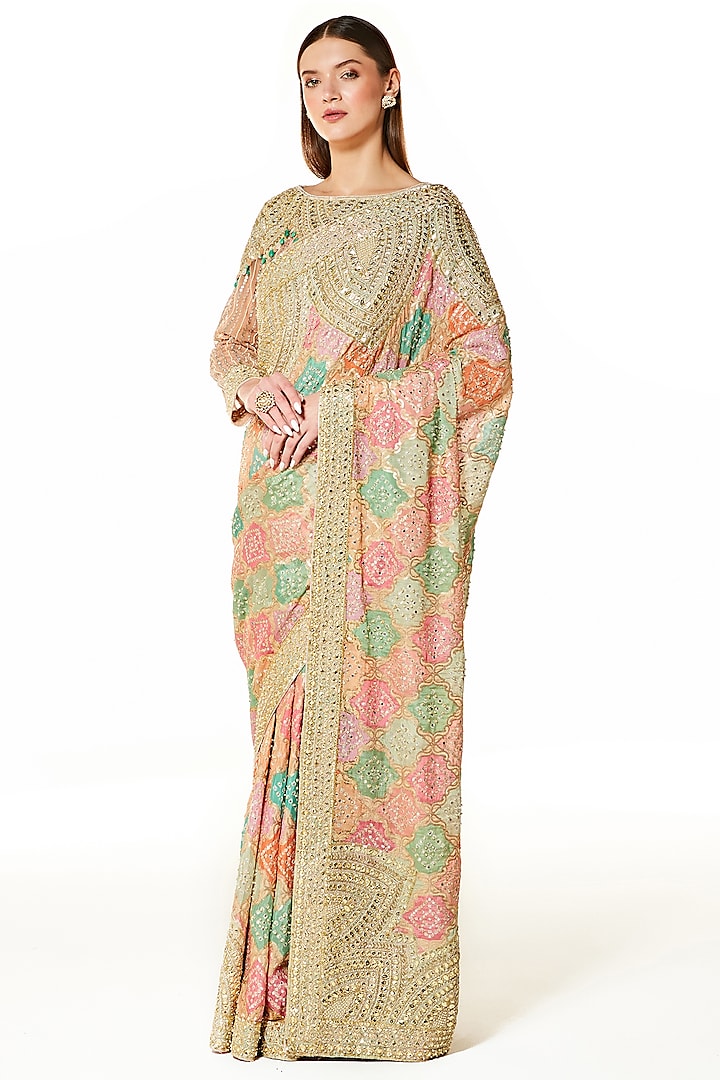 Multi-Colored Georgette Sequins Embroidered Bandhani Saree Set by Rabani & Rakha at Pernia's Pop Up Shop