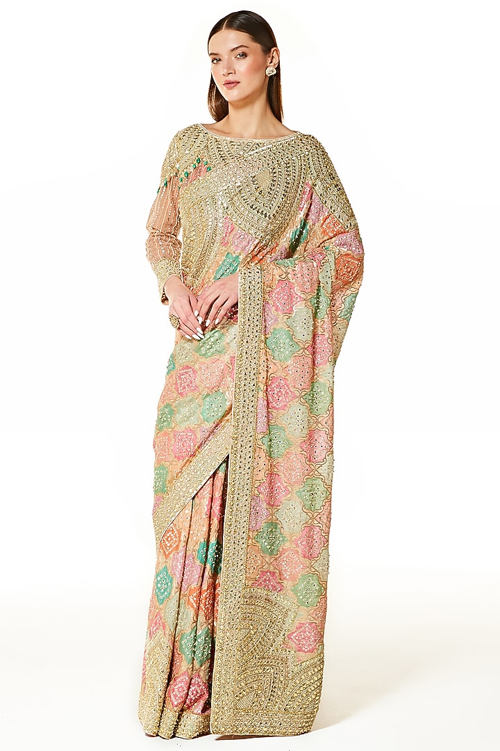 Multi-Colored Georgette Sequins Embroidered Bandhani Reception Saree Set by Rabani & Rakha at Pernia's Pop Up Shop