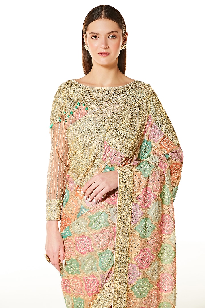 Multi-Colored Georgette Sequins Embroidered Bandhani Reception Saree Set by Rabani & Rakha at Pernia's Pop Up Shop
