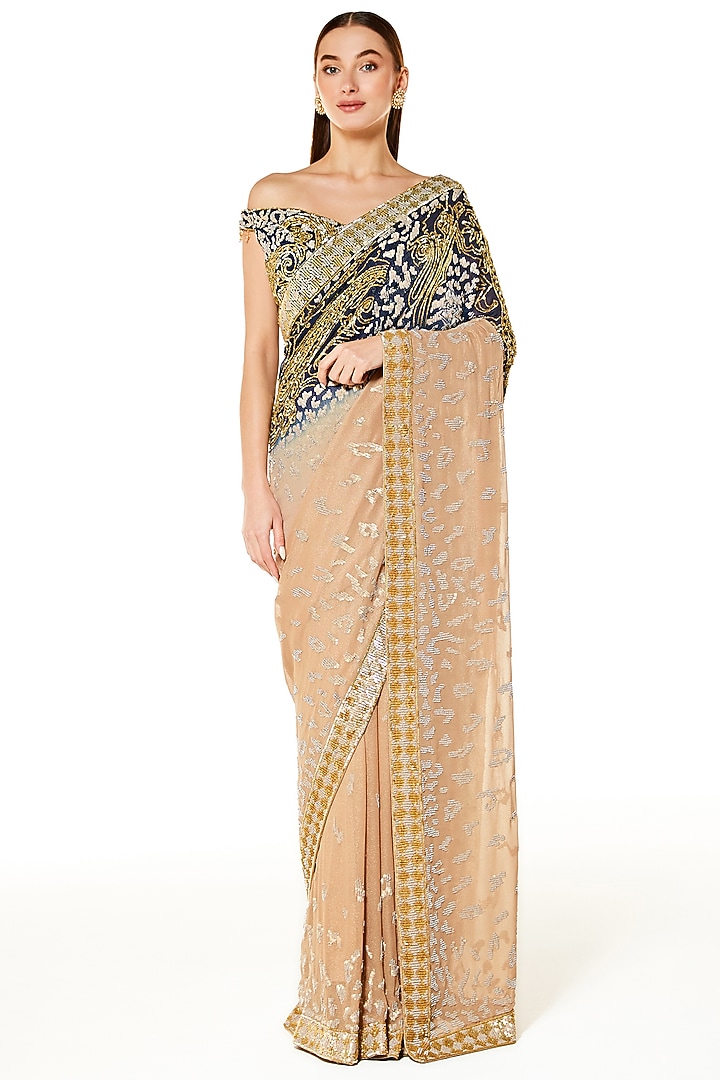 Blue & Gold Georgette Hand Embroidered Reception Saree Set by Rabani & Rakha at Pernia's Pop Up Shop
