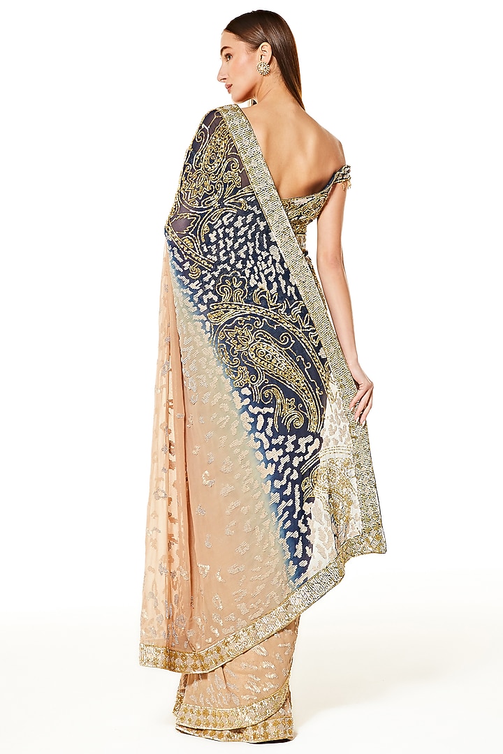Blue & Gold Georgette Hand Embroidered Reception Saree Set by Rabani & Rakha at Pernia's Pop Up Shop