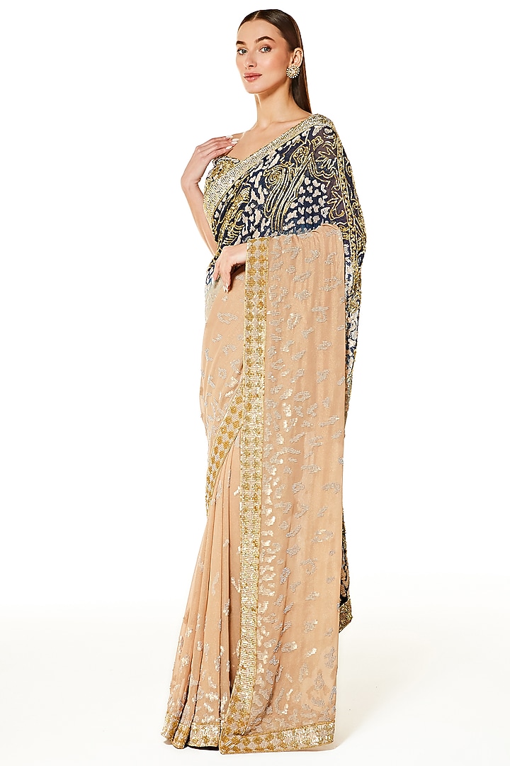 Blue & Gold Georgette Hand Embroidered Reception Saree Set by Rabani & Rakha at Pernia's Pop Up Shop