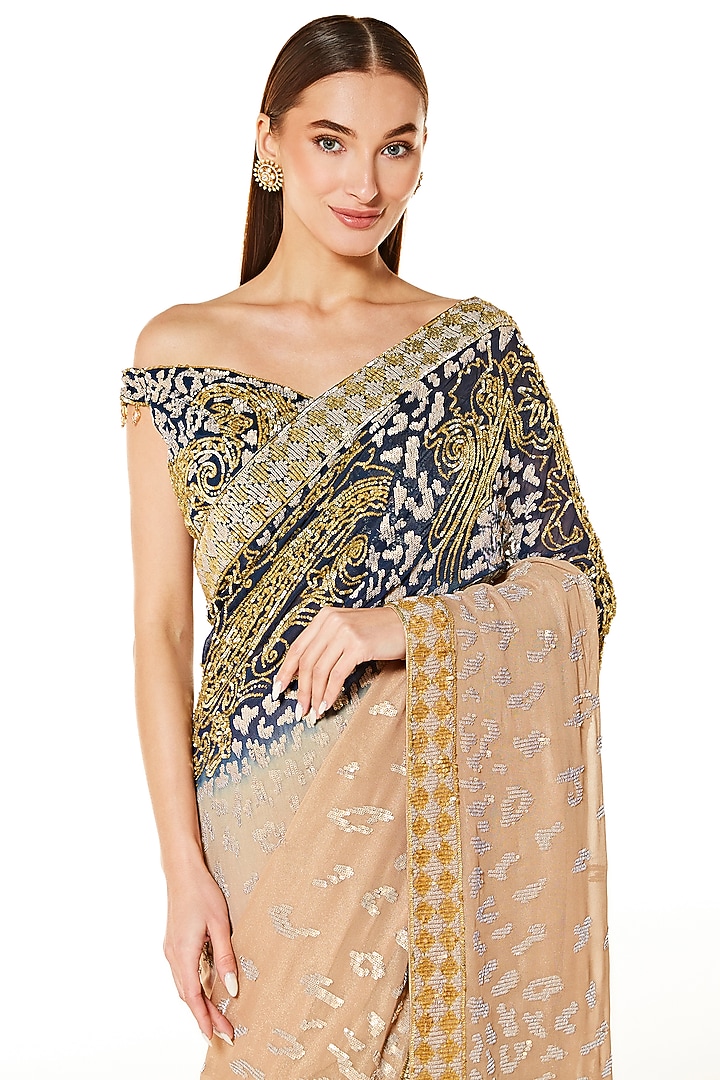 Blue & Gold Georgette Hand Embroidered Reception Saree Set by Rabani & Rakha at Pernia's Pop Up Shop
