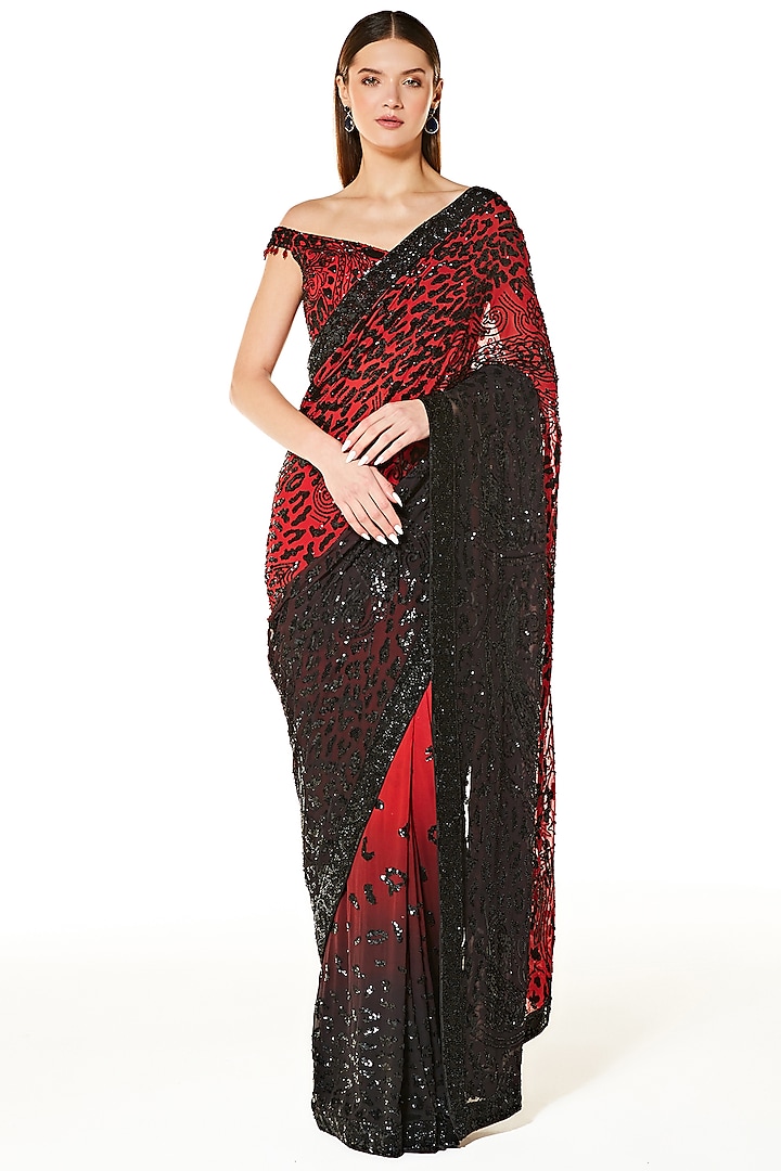 Red & Black Georgette Hand Embroidered Saree Set by Rabani & Rakha at Pernia's Pop Up Shop