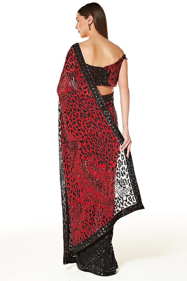 Red & Black Georgette Hand Embroidered Reception Saree Set by Rabani & Rakha at Pernia's Pop Up Shop