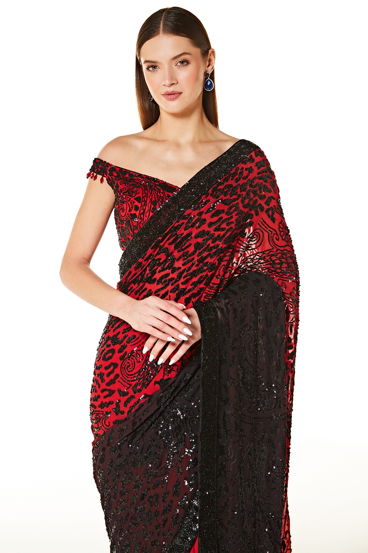 Buy Red Net Saree N Black Foli Print Georgette Blouse Party Wear Online at  Best Price | Cbazaar
