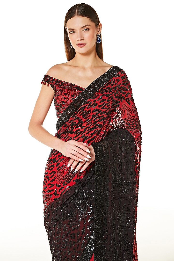 Red & Black Georgette Hand Embroidered Reception Saree Set by Rabani & Rakha at Pernia's Pop Up Shop