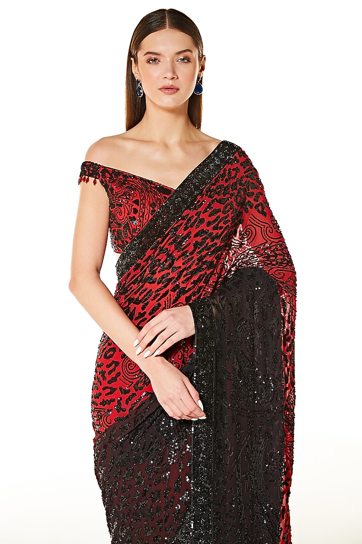 Red & Black Georgette Hand Embroidered Reception Saree Set by Rabani & Rakha at Pernia's Pop Up Shop