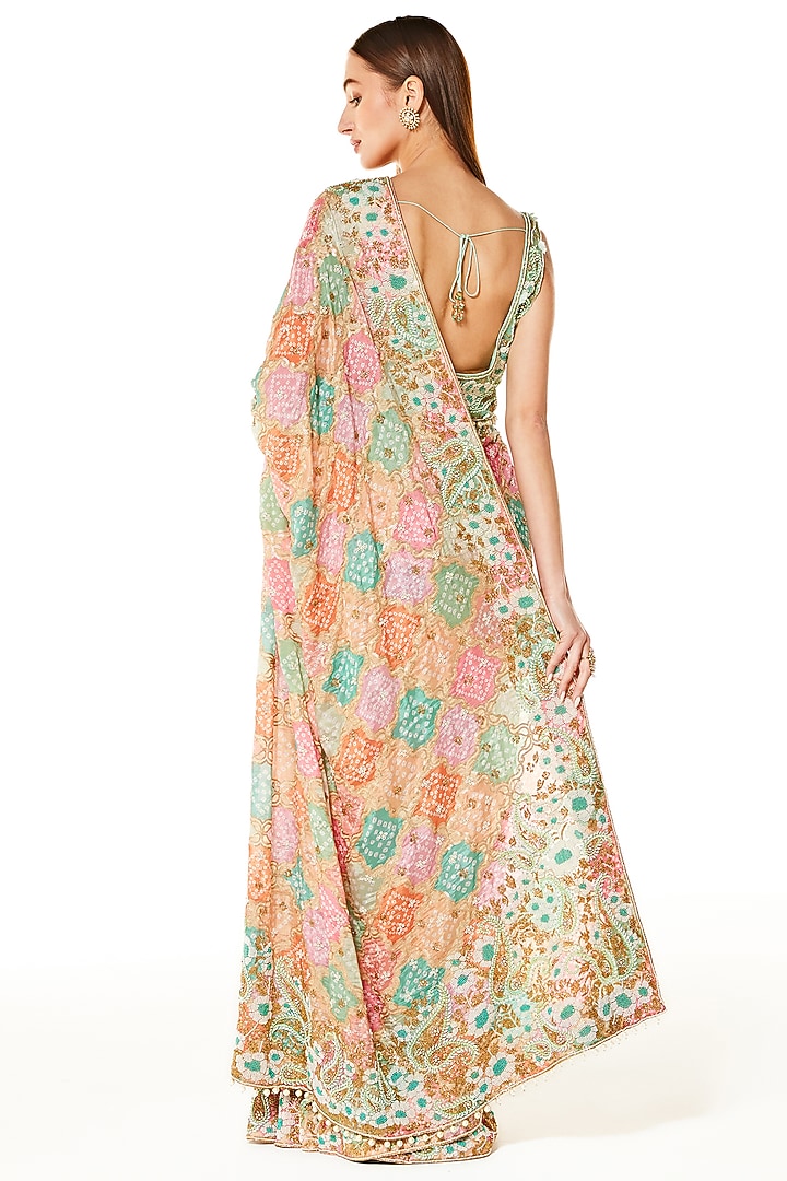 Multi-Colored Georgette Sequins Embroidered Bandhani Reception Saree Set by Rabani & Rakha at Pernia's Pop Up Shop