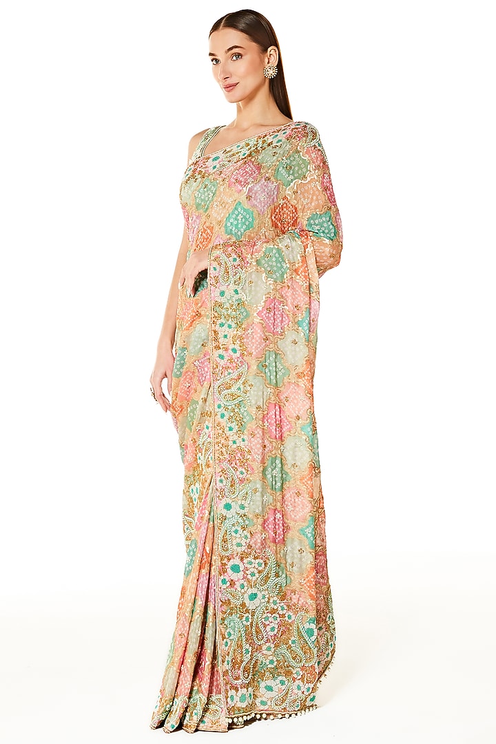 Multi-Colored Georgette Sequins Embroidered Bandhani Reception Saree Set by Rabani & Rakha at Pernia's Pop Up Shop