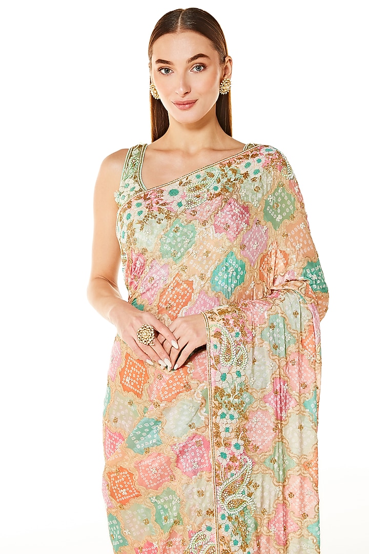 Multi-Colored Georgette Sequins Embroidered Bandhani Reception Saree Set by Rabani & Rakha at Pernia's Pop Up Shop