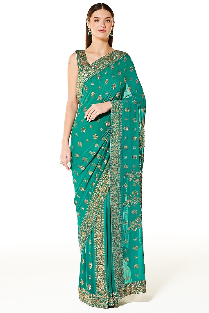 Sea Green Georgette Hand Embroidered Reception Saree Set by Rabani & Rakha at Pernia's Pop Up Shop