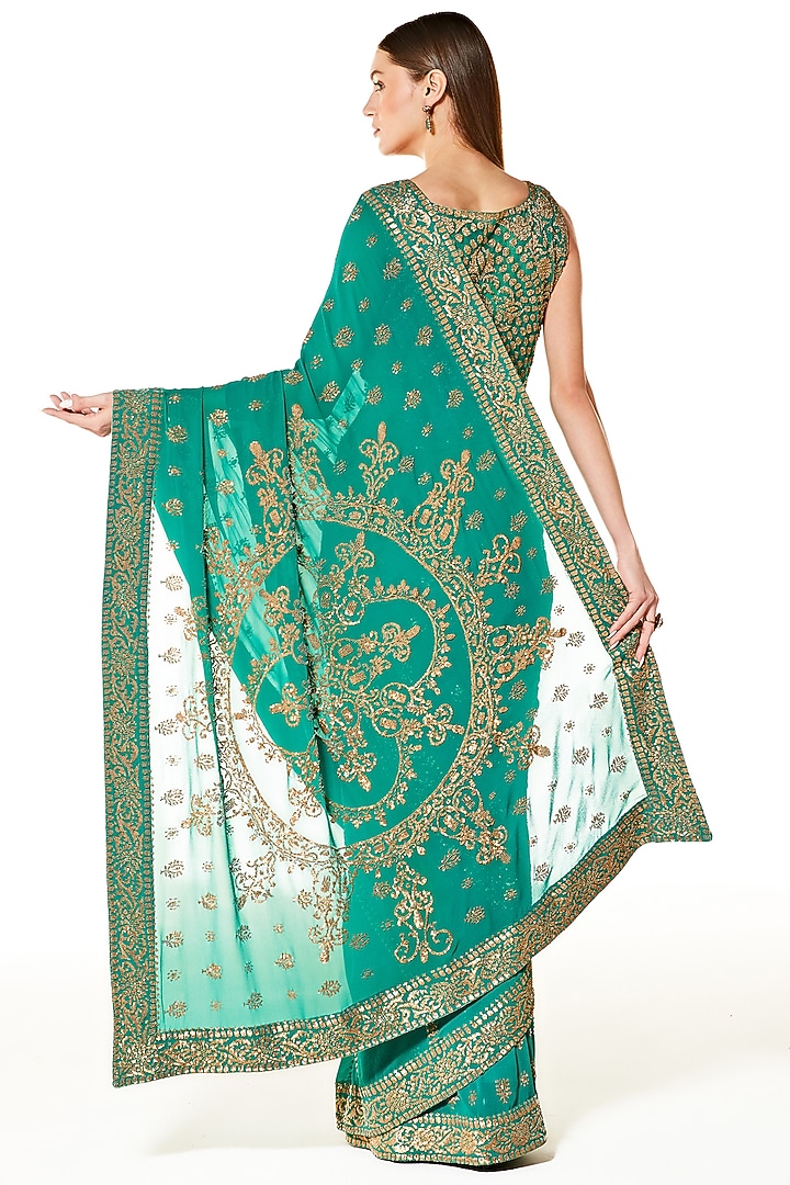 Sea Green Georgette Hand Embroidered Reception Saree Set by Rabani & Rakha at Pernia's Pop Up Shop