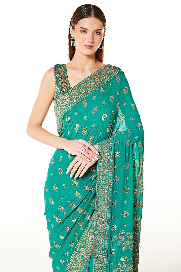 Sea Green Georgette Hand Embroidered Reception Saree Set by Rabani & Rakha at Pernia's Pop Up Shop