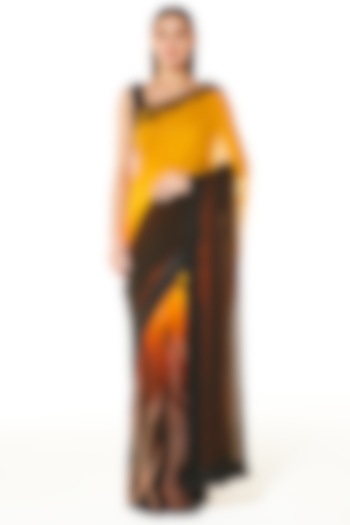 Orange & Black Georgette Hand Embroidered Saree Set by Rabani & Rakha