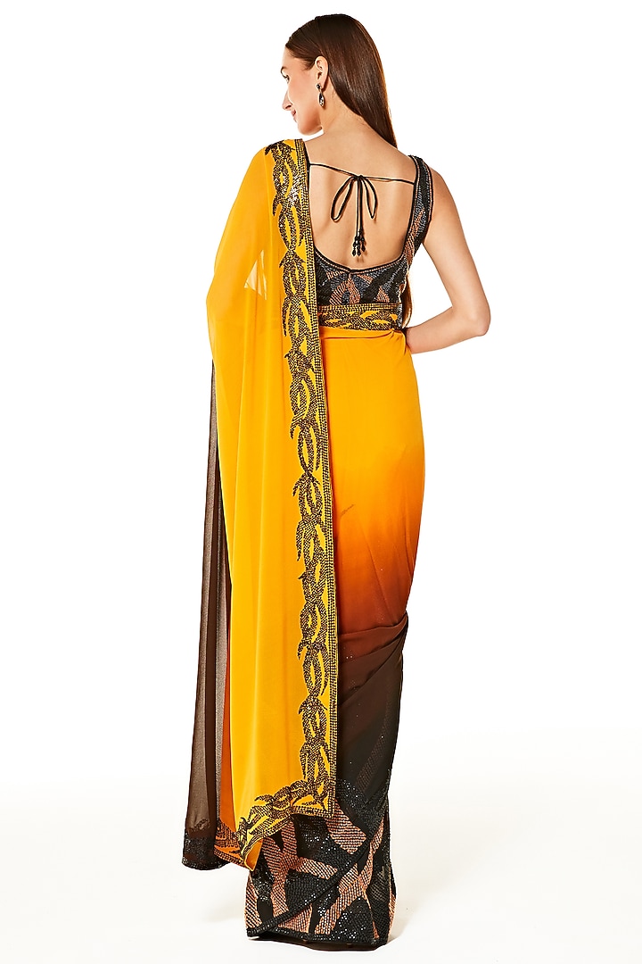 Orange & Black Georgette Hand Embroidered Reception Saree Set by Rabani & Rakha at Pernia's Pop Up Shop