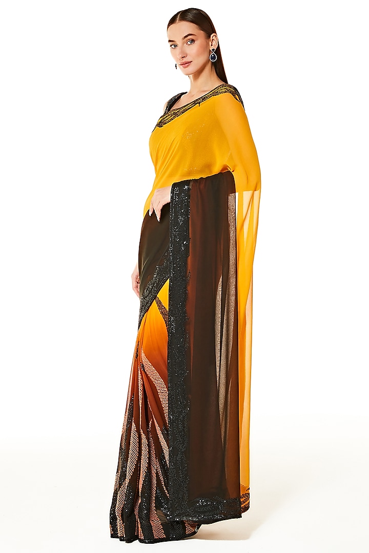 Orange & Black Georgette Hand Embroidered Reception Saree Set by Rabani & Rakha at Pernia's Pop Up Shop