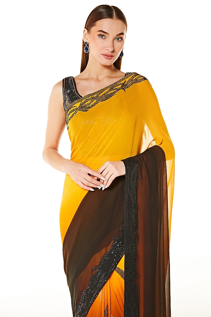 Orange & Black Georgette Hand Embroidered Reception Saree Set by Rabani & Rakha at Pernia's Pop Up Shop