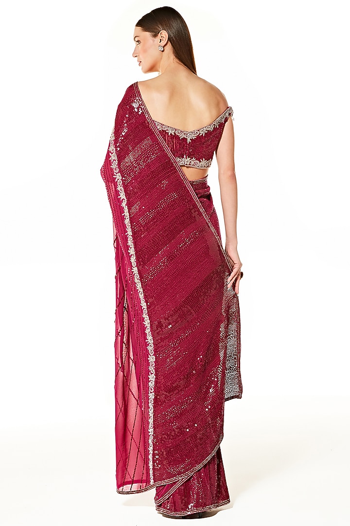 Wine Georgette Hand Embroidered Reception Saree Set by Rabani & Rakha at Pernia's Pop Up Shop