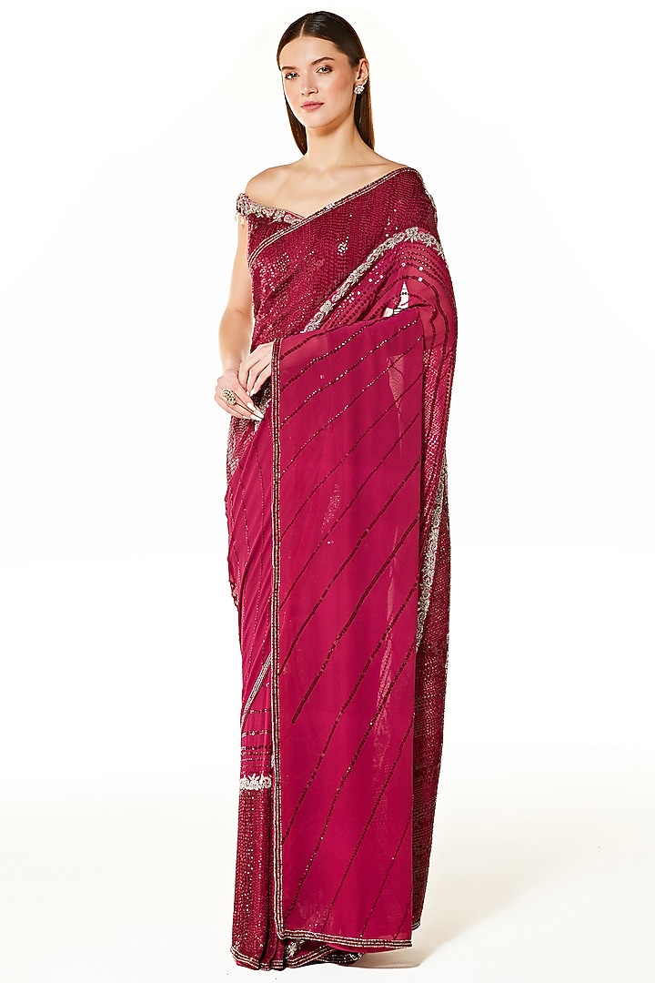 Wine Georgette Hand Embroidered Reception Saree Set by Rabani & Rakha at Pernia's Pop Up Shop
