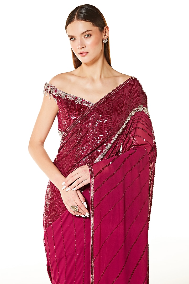 Wine Georgette Hand Embroidered Reception Saree Set by Rabani & Rakha at Pernia's Pop Up Shop