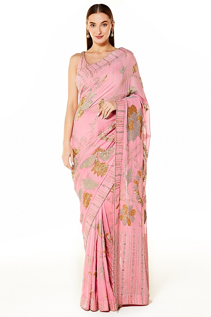 Pink Georgette Sequins Hand Embroidered Reception Saree Set by Rabani & Rakha at Pernia's Pop Up Shop