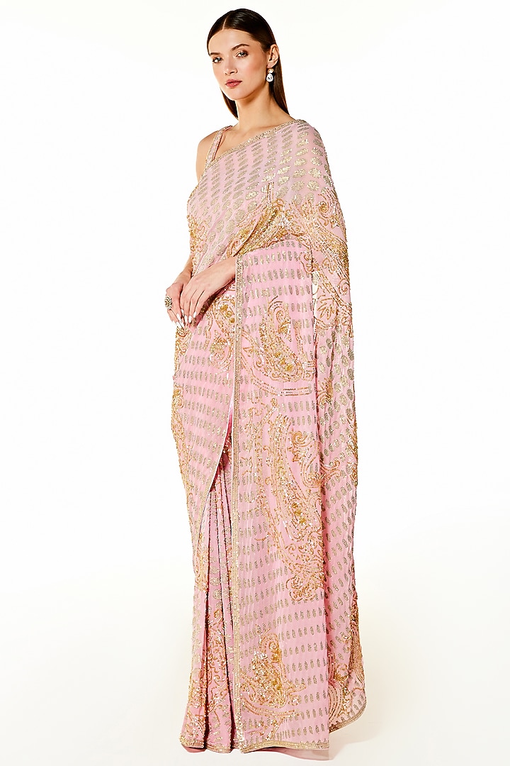 Blush Pink Georgette Sequins Hand Embroidered Reception Saree Set by Rabani & Rakha at Pernia's Pop Up Shop