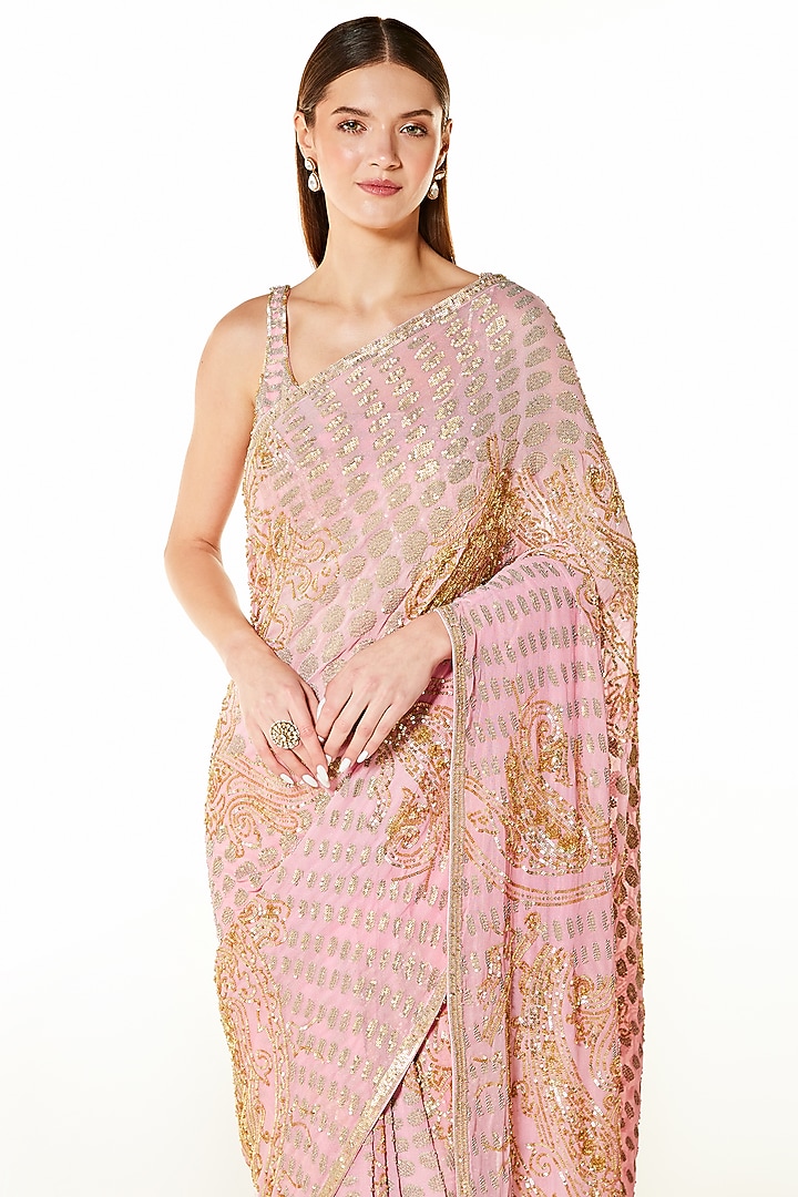 Blush Pink Georgette Sequins Hand Embroidered Reception Saree Set by Rabani & Rakha at Pernia's Pop Up Shop