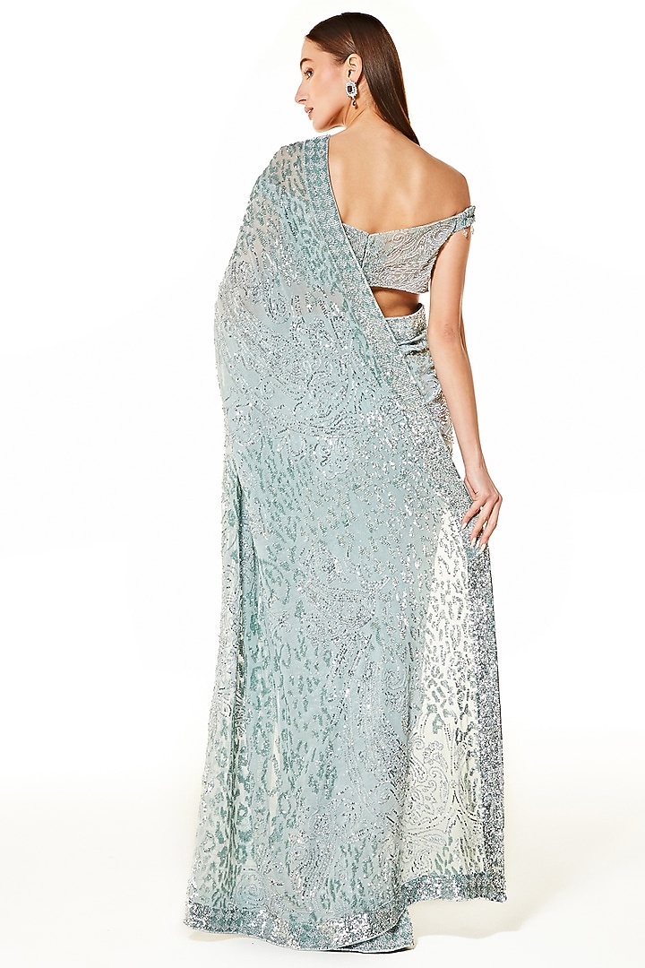 Silver Grey Georgette Hand Embroidered Reception Saree Set by Rabani & Rakha at Pernia's Pop Up Shop