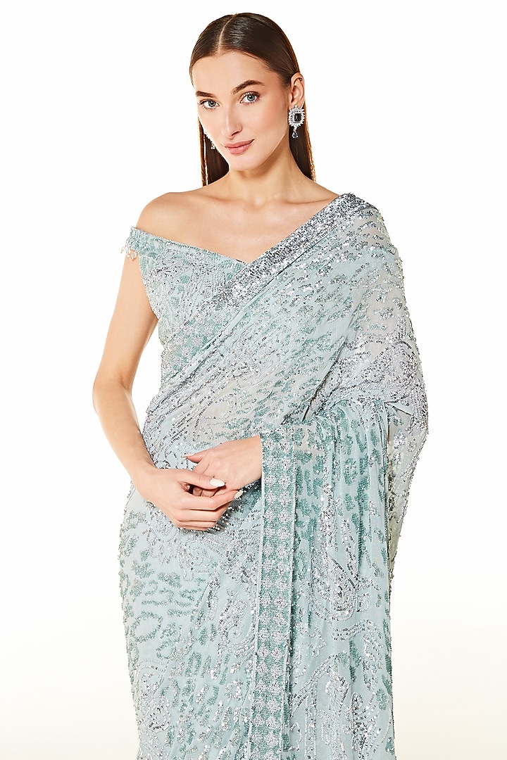 Silver Grey Georgette Hand Embroidered Reception Saree Set by Rabani & Rakha at Pernia's Pop Up Shop