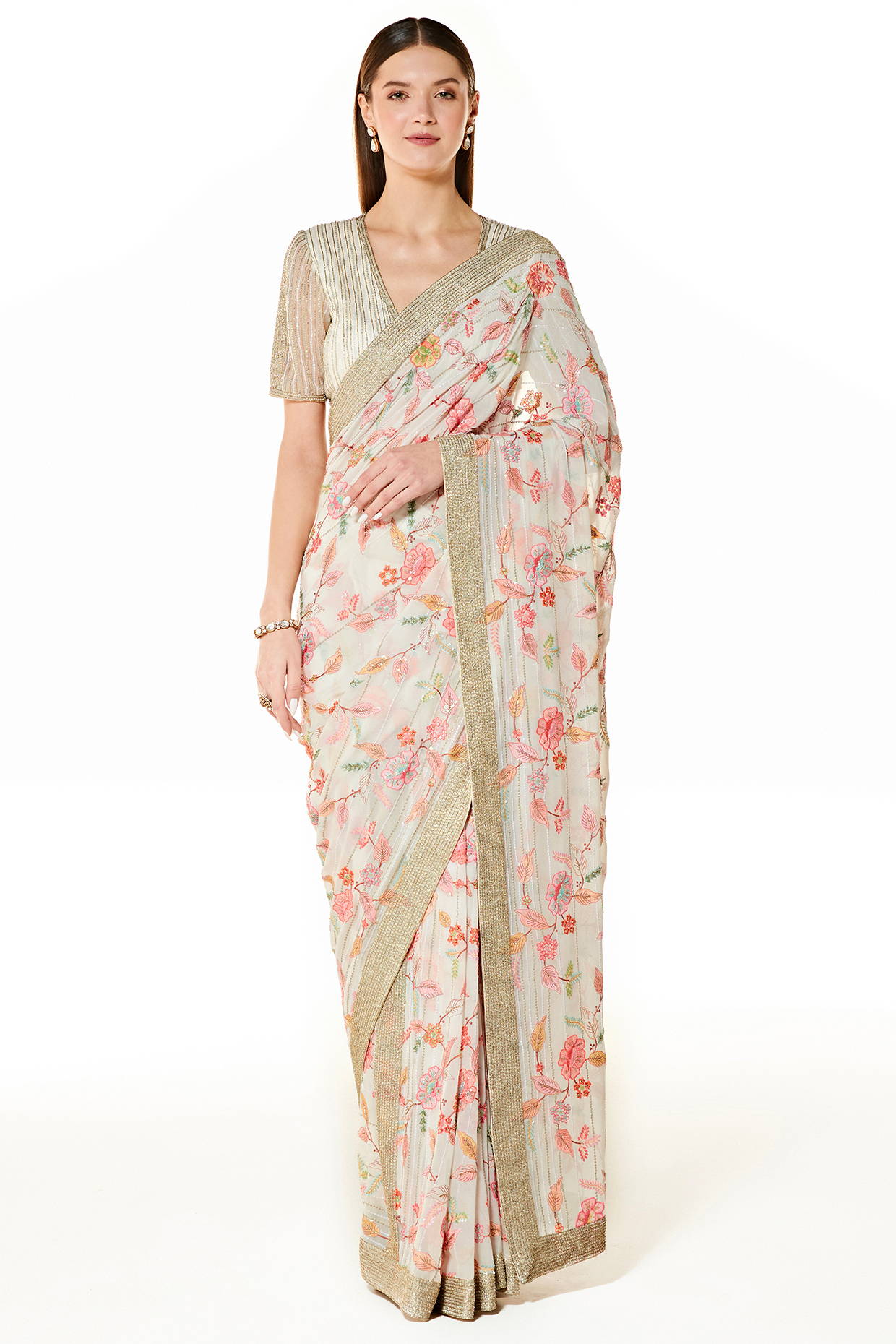 Ivory Georgette Embroidered Saree Set by Rabani & Rakha