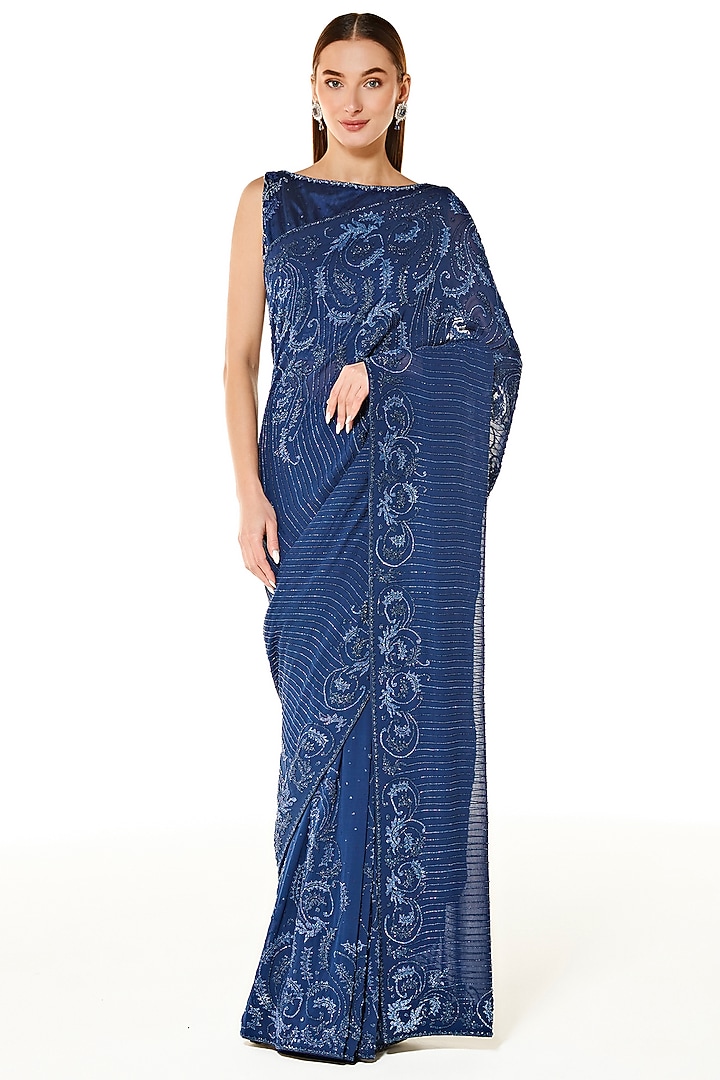 Blue Georgette Hand Embroidered Reception Saree Set by Rabani & Rakha at Pernia's Pop Up Shop